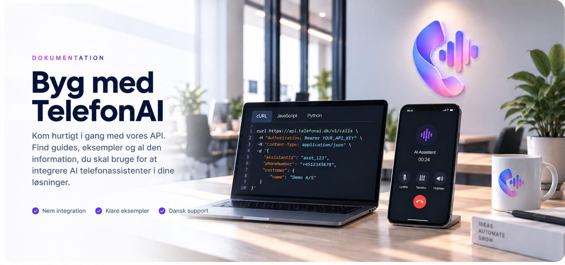 TelefonAI's API kaldt fra en terminal, med et AI-opkald i gang på en telefon